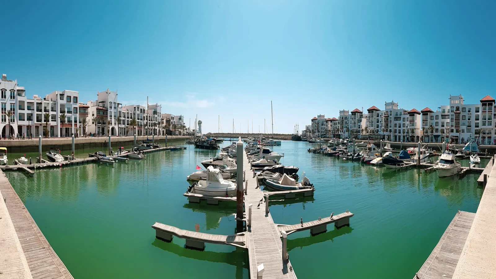 Panoramic view of Agadir marina and city waterfront