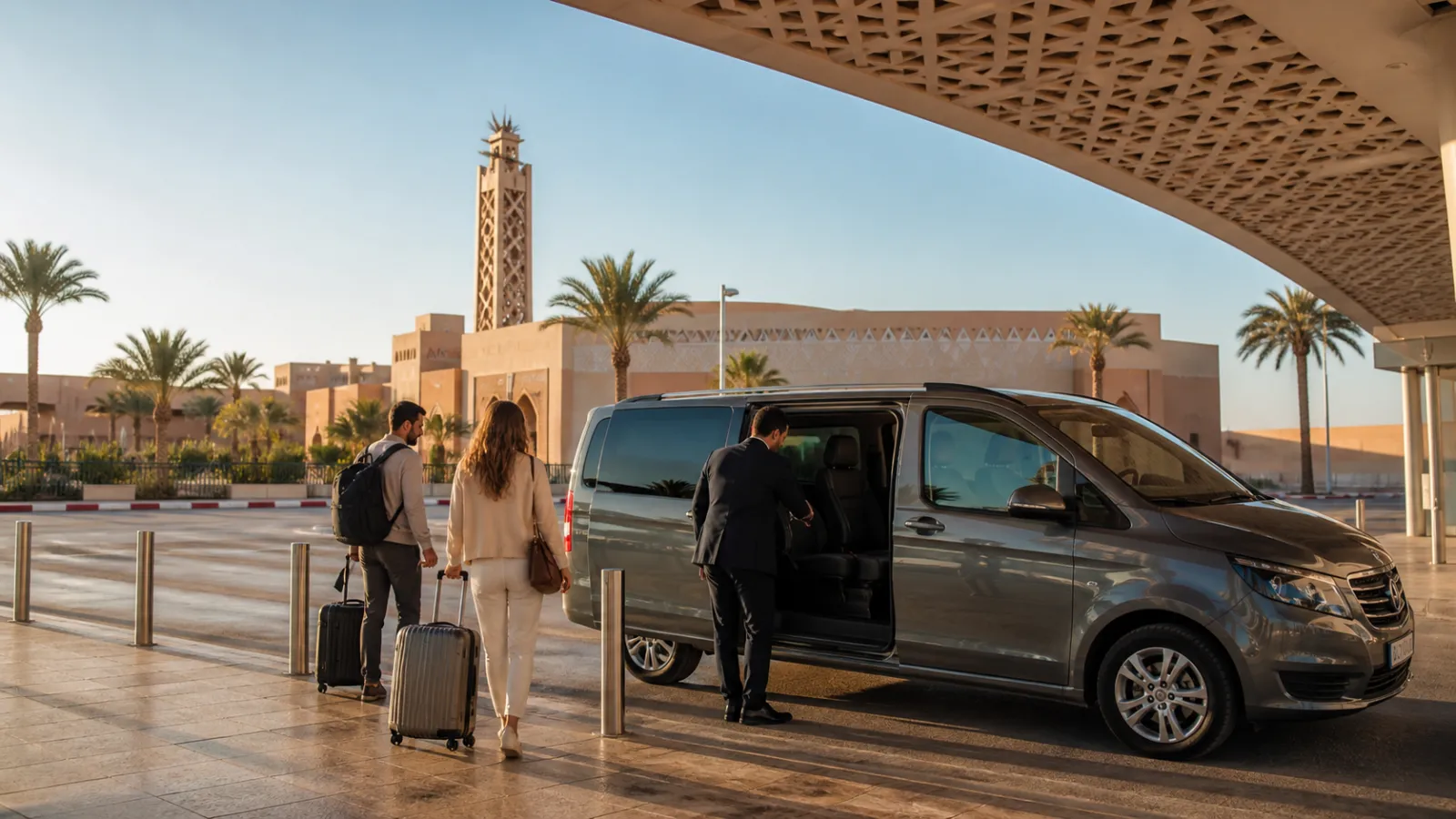 Travellers meeting a private transfer van outside Agadir Al Massira Airport