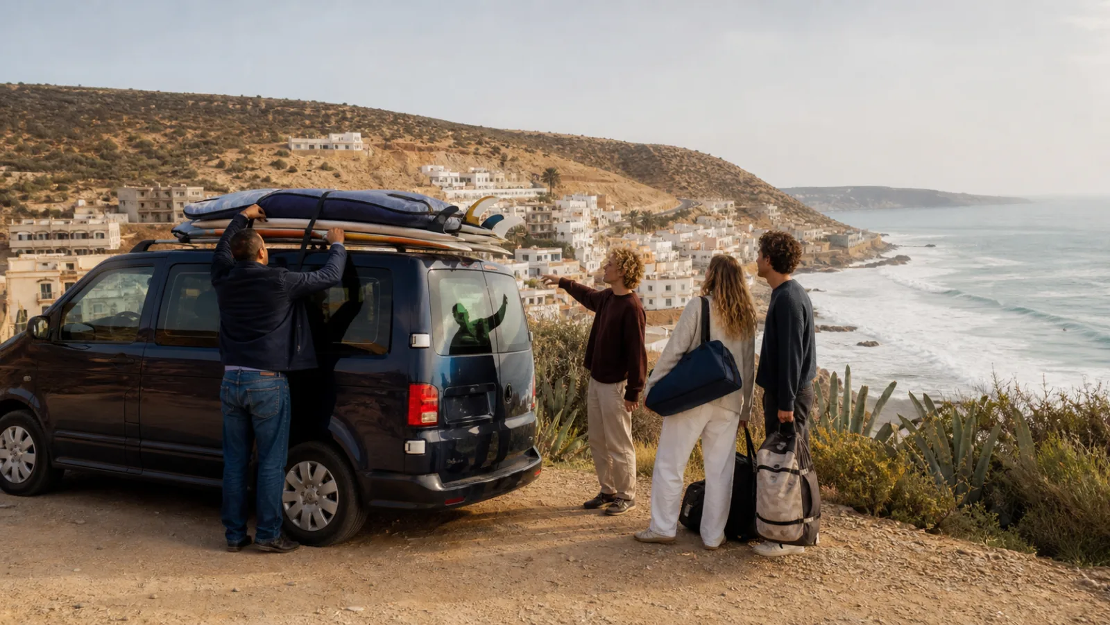 Private coastal transfer with surf equipment near Taghazout